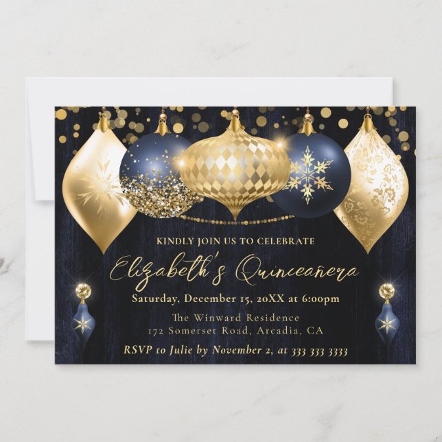 Invitation Baubles de Noël bleu marine et or Quinceanera (Devant)