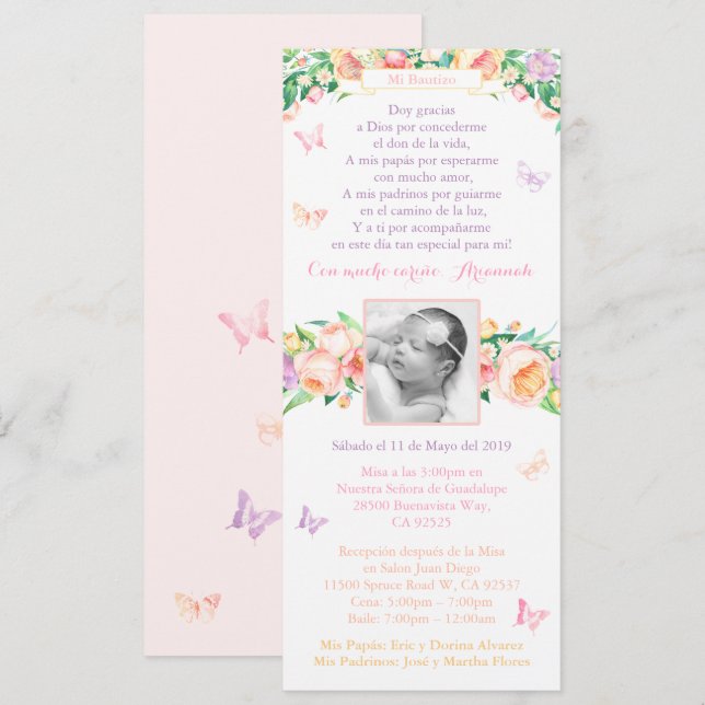 Invitation Bautismo Baptême 1ère fête d'anniversaire papillon (Devant / Derrière)