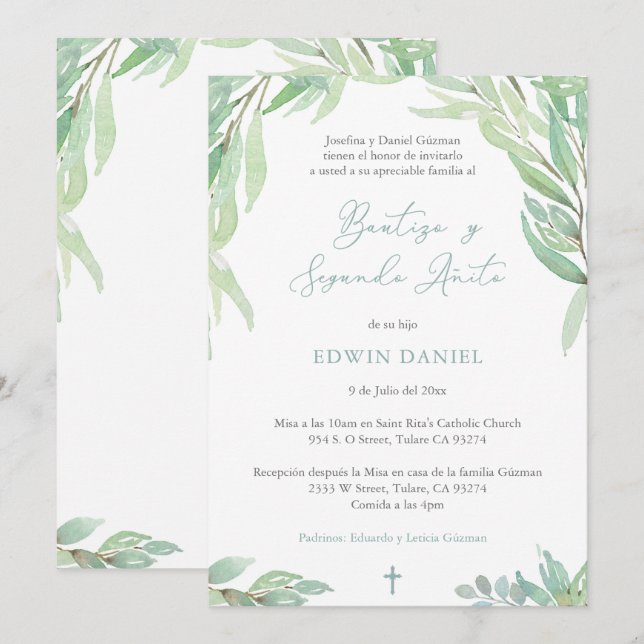 Invitation Bautizo 2do Año, Boy Baptism 2e anniversaire espag (Devant / Derrière)