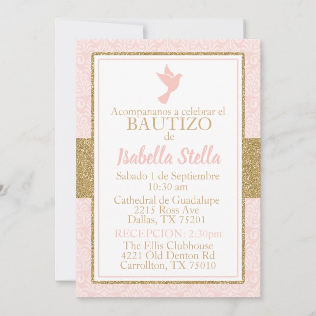 Invitation Bautizo espagnol Baptême rose Gold Dove (Devant)