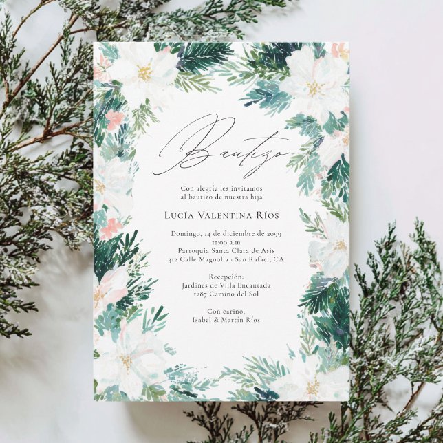 Invitation Bautizo Espagnol Fleurs d'hiver Poinsettia Baptême (Créateur téléchargé)