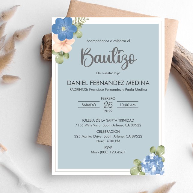 Invitation Bautizo Espagnol Invitacion Fleurs Bleues Baptême (Créateur téléchargé)