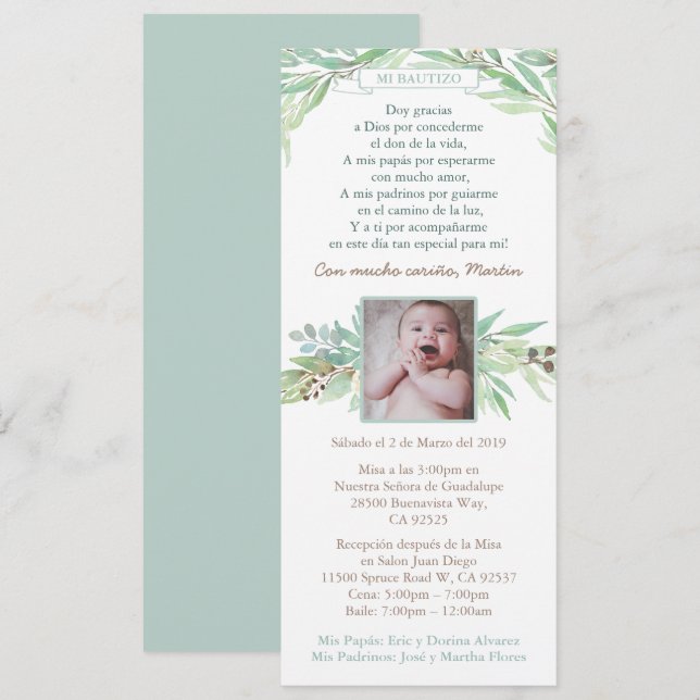 Invitation Bautizo Espagnol Pour Garçon, Printemps Feuille ve (Devant / Derrière)