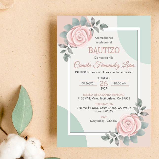 Invitation Bautizo Invitacion Cute Rose Fleurs Baptême (Créateur téléchargé)