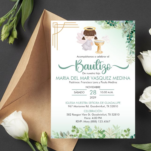Invitation Bautizo Invitacion Fleurs vertes Baptême catholiqu (Créateur téléchargé)