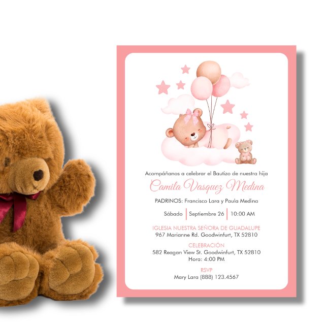 Invitation Bautizo Invitacion mignonne ours en peluche filles (Créateur téléchargé)