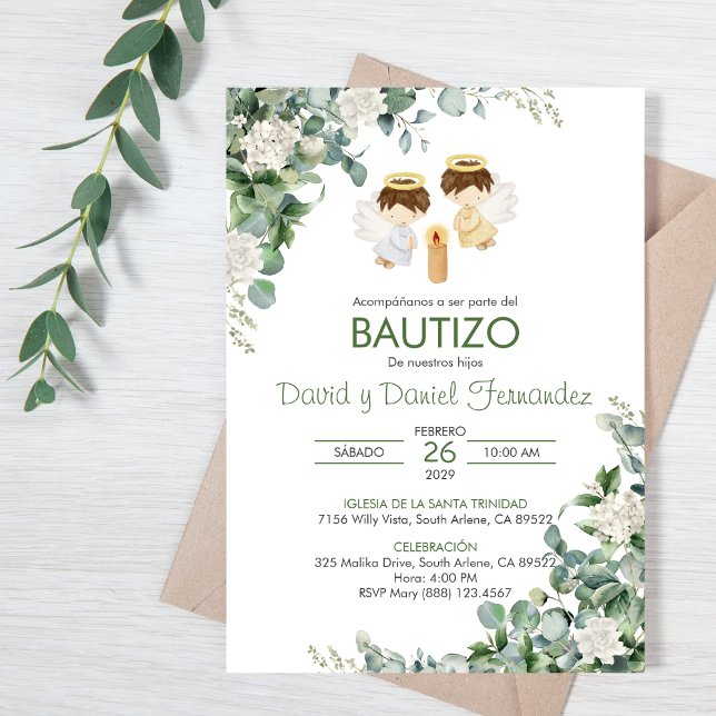 Invitation Bautizo Invitacion Twin boys Feuilles verts Baptêm (Créateur téléchargé)