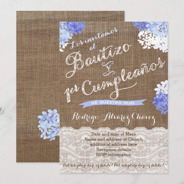 Invitation Bautizo y 1er cumple, Baptême latino (Devant / Derrière)