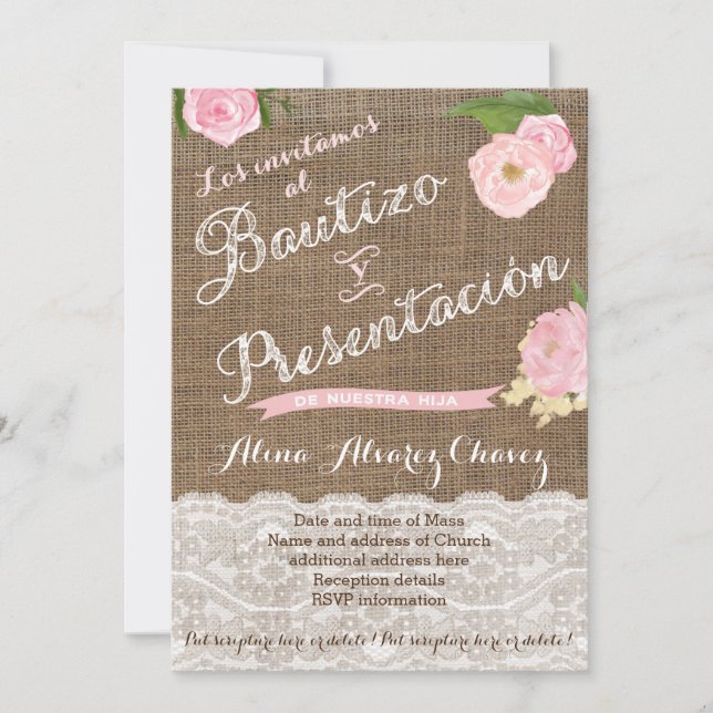 Invitation Bautizo y presentación, niña, arpillera, encaje (Devant)