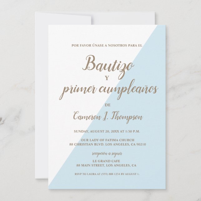 Invitation Bautizo y primer cumpleaños Baptême espagnol bleu (Devant)