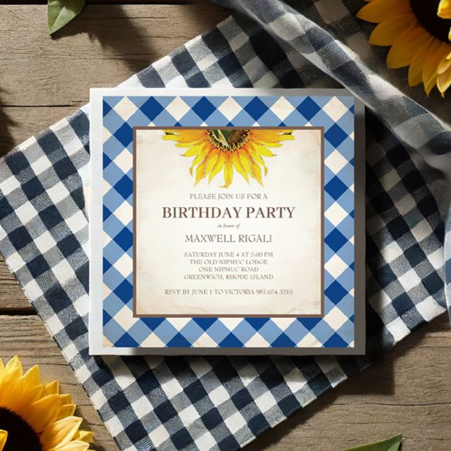 INVITATION BBQ (Get together birthday invitations with blue gingham print and sunflowers in a rustic design.)