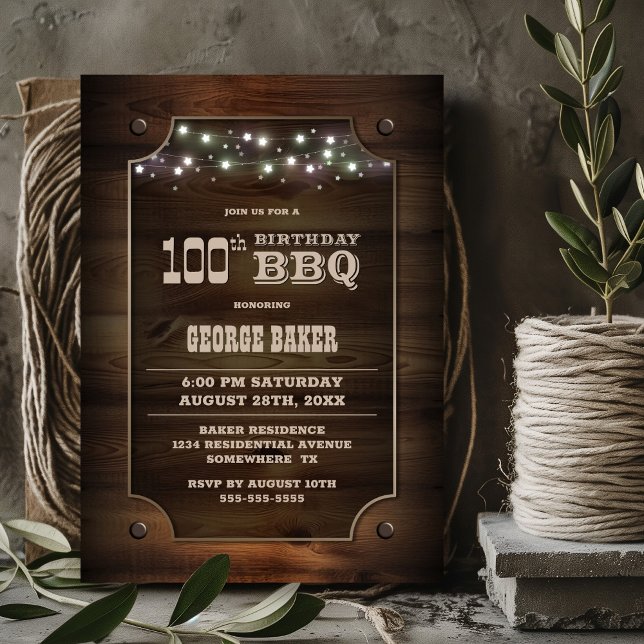 Invitation BBQ 100e anniversaire en bois élégant (Créateur téléchargé)