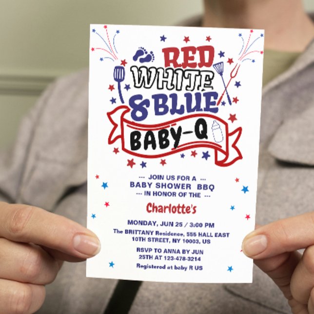 Invitation BBQ Baby shower BBQ pour bébé blanc rouge et bleu (BBQ BABY-Q baby shower invitation 4th of july them independence day celebration patriotic stars and )