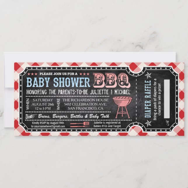 Invitation BBQ Baby shower Billet de plongée Raffle Invitatio (Devant)