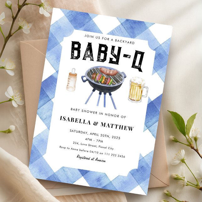 Invitation BBQ Baby Shower Blue Gingham Baby-Q (BBQ Baby Shower Blue Gingham Baby Q Invitation)