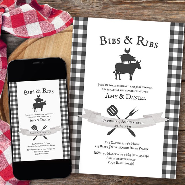 Invitation BBQ Baby shower Russe Vintage gris plat (Bibs & Ribs backyard bbq baby shower invitation from my rustic farmhouse BBQ collection)