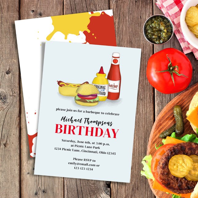 Invitation BBQ d'été BIrthday Party personnalisé (Birthday invitation with hamburger, hotdog, ketchup, and mustard.)