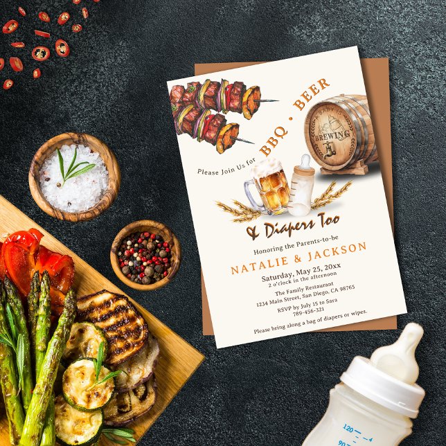 Invitation BBQ & Diapeurs de bière Baby shower Décontracté Co (BBQ & Beer Diapers Casual Couples Baby Shower Invitation)