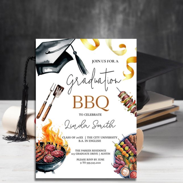 Invitation BBQ Elégant aquarelle (Elegant Watercolor Graduation BBQ Invitation #BBQgraduation #dinnerbbq#dinnergraduation #menuparty )