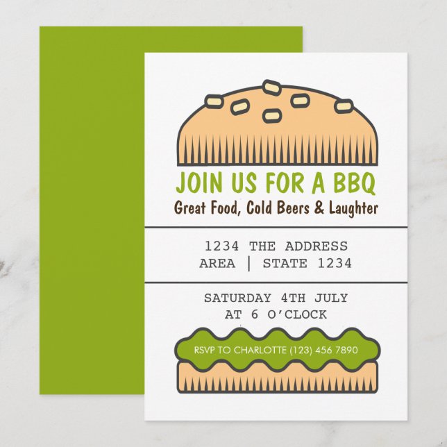 Invitation BBQ Party Big Burger Bun En Vert (Devant / Derrière)