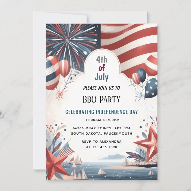 Invitation Bbq Rouge Blanc Bleu Usa Drapeau 4 juillet (Devant)