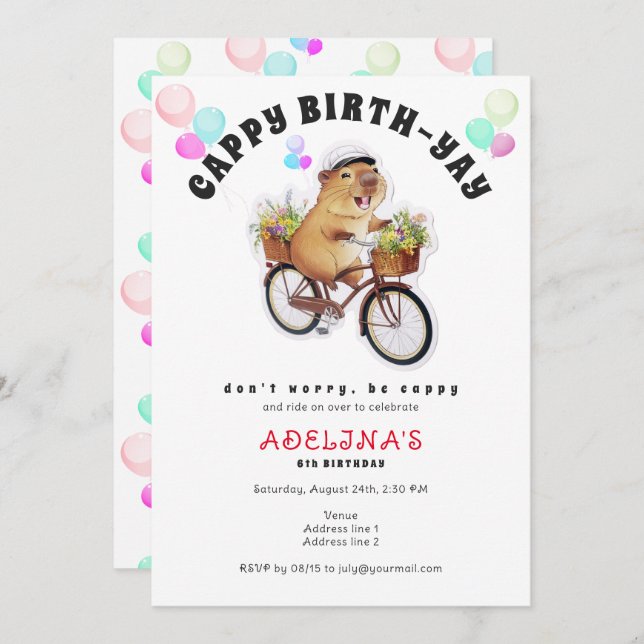 Invitation Be Cappy Capybara Bicyclette Enfants mignonette fê (Devant / Derrière)