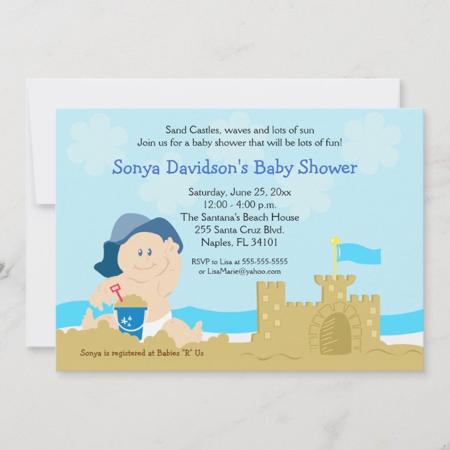 Invitation Beach Baby Sand Castle Boy Baby shower 5x7 (Devant)
