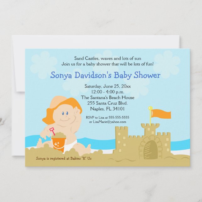 Invitation Beach Baby Sand Castle Orange Baby shower 5x7 (Devant)
