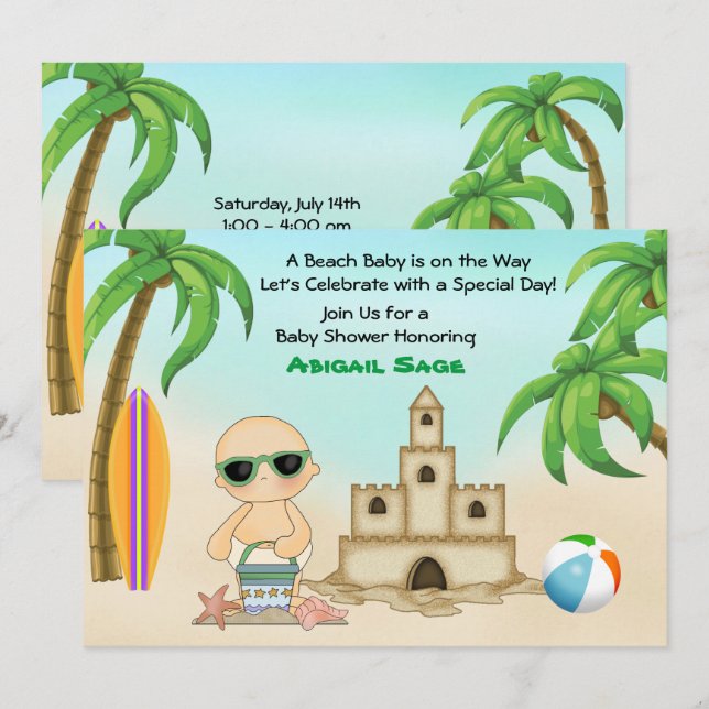 Invitation Beach Baby Sandcastle and Surfboard Baby shower (Devant / Derrière)