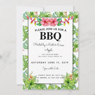 Invitation Beach BBBQ Party, barbecue feuilles tropicaux