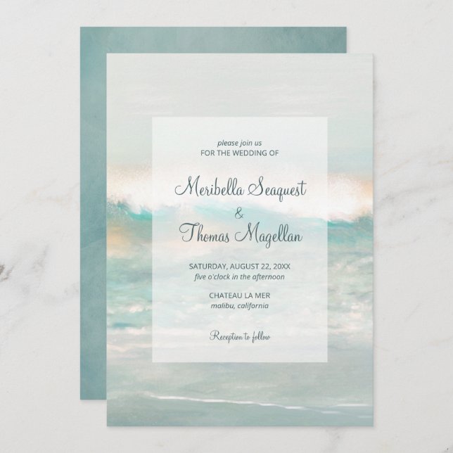 Invitation Beach Blue Ocean Waves Mariage (Devant / Derrière)