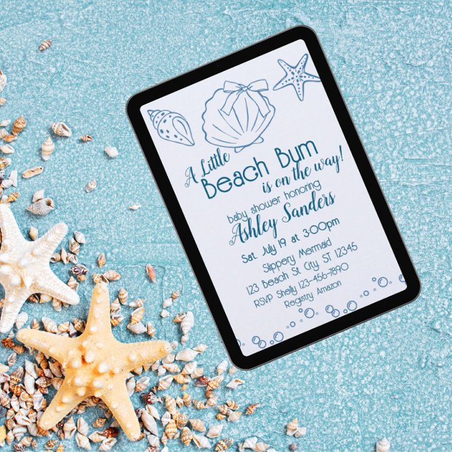Invitation Beach Bum on the Way, Blue Seashells Baby Shower (Créateur téléchargé)