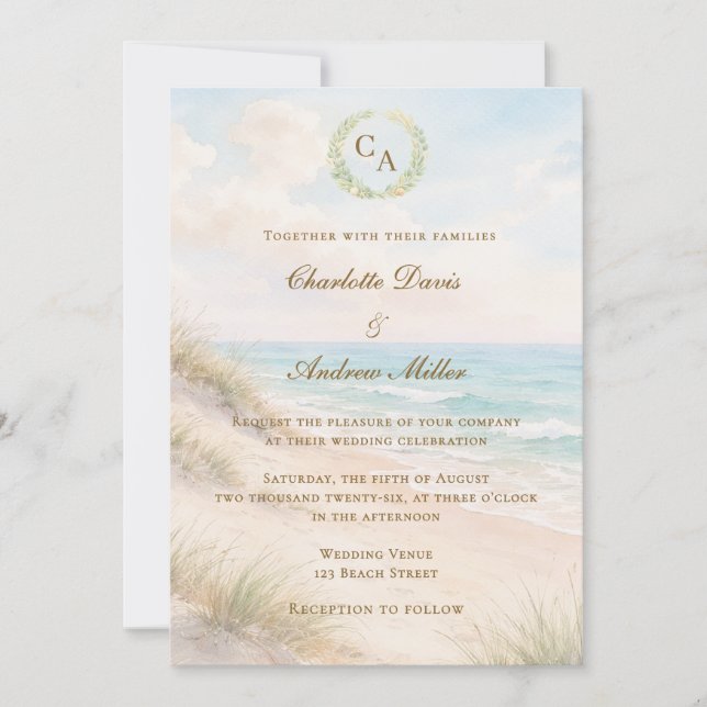 Invitation Beach coastal monogrammed wedding (Devant)