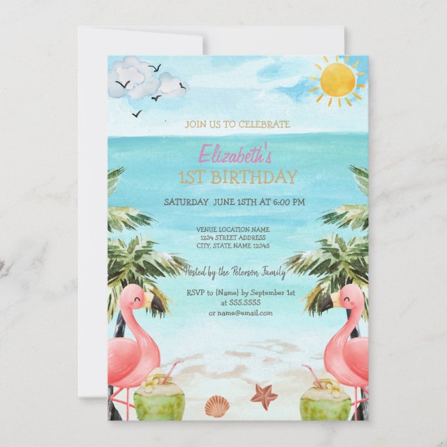 Invitation Beach Palm Flamants roses roses Cocktail 1er (Devant)