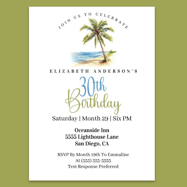 Invitation Beach Palm Tree 30th Birthday (Tropical beach palm tree 30th birthday invitation)
