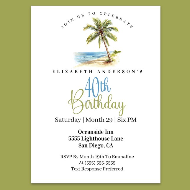 Invitation Beach Palm Tree 40th Birthday (Tropical beach palm tree 40th birthday invitation with coastal ocean theme and elegant typography
)