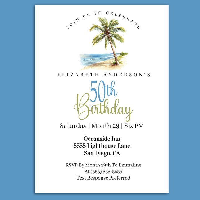 Invitation Beach Palm Tree 50th Birthday (Tropical beach palm tree 50th birthday party invitation with coastal ocean theme and elegant script )