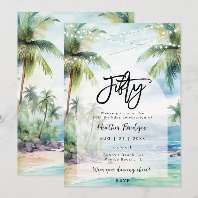 Invitation beach palmiers fête du 50e anniversaire (Devant / Derrière)