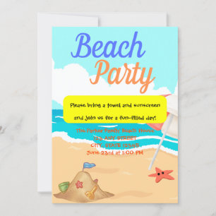Invitation Beach Party avec Sand Castle & Starfish Party