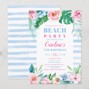 Invitation Beach Party Tropical Floral Bleu rayures Anniversa