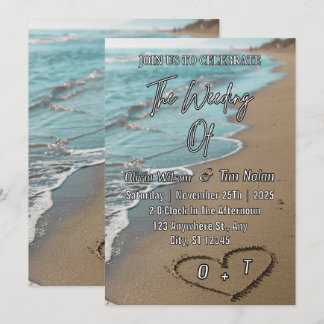 Invitation Beach Sand Hearts Elegant Tropical Modern Wedding