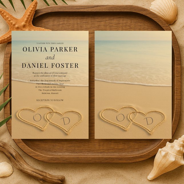 Invitation Beach Sand Hearts Monogram Tropical Wedding  (Créateur téléchargé)