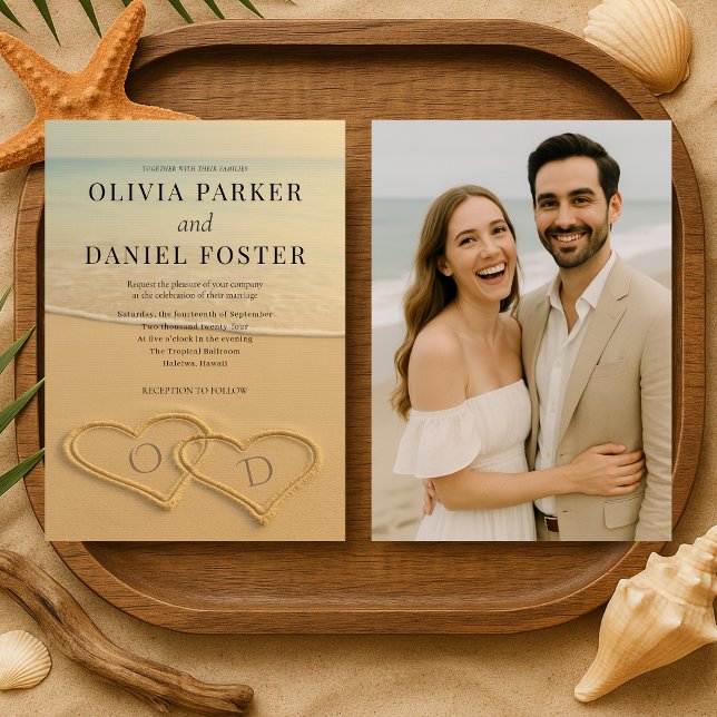 Invitation Beach Sand Hearts Tropical Photo Wedding  (Créateur téléchargé)