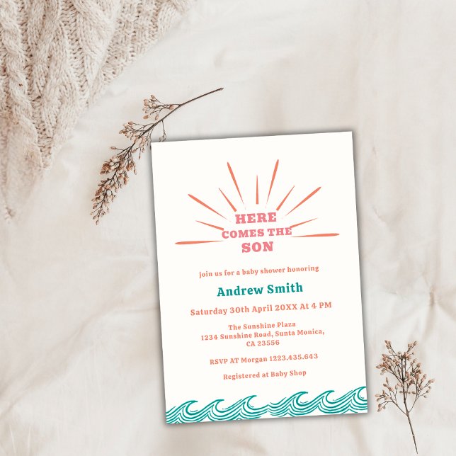 Invitation Beach Summer Voici Le Baby shower Son (Beach Summer Here Comes The Son Baby Shower Invitation)