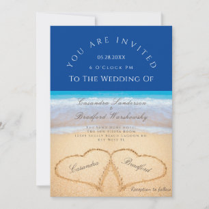 Invitation Beach Wedding 2 Coeurs Sand Mariage Bleu foncé