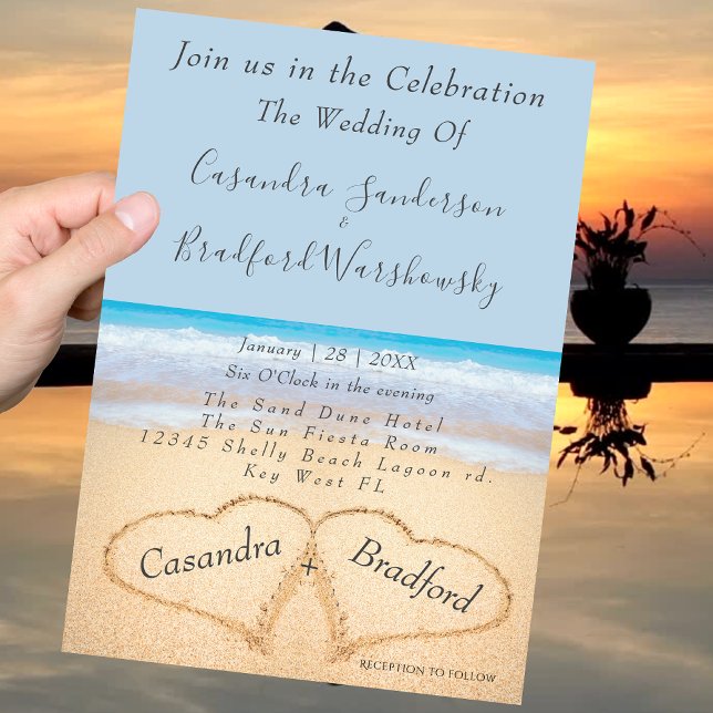 Invitation Beach Wedding 2 Coeurs Sand Mariage Dusty Blue (Créateur téléchargé)