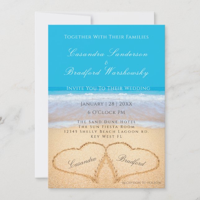 Invitation Beach Wedding 2 Coeurs Sand Mariage Sky Blue (Devant)