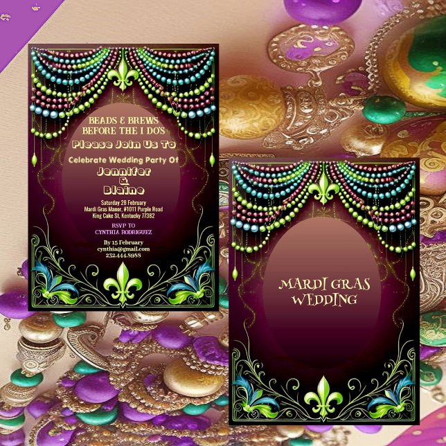 Invitation Bead & Brews Fleur De Lis Mardi Gras Mariage (Bead & Brews Fleur De Lis Mardi Gras Wedding Party Invitation)