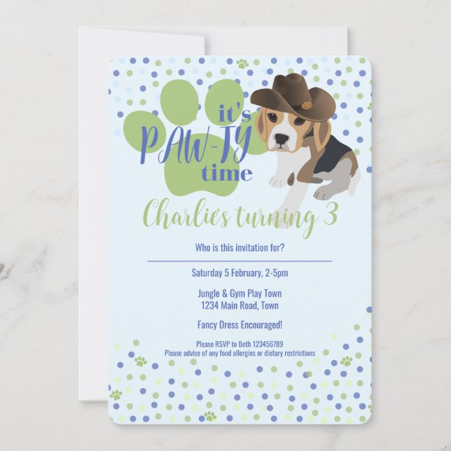 Invitation Beagle Chien Chien bleu Anniversaire de enfant Inv (Devant)