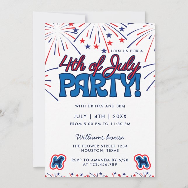 Invitation Beagle Patriotique Fireworks 4 juillet BBQ Party (Dos)